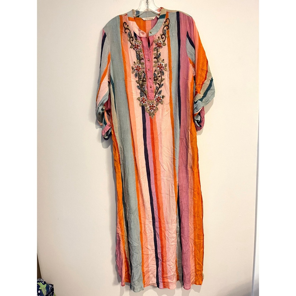 Soft Surroundings Maxi Dress Aruba Caftan Kaftan Multicolor Stripe Beaded Large